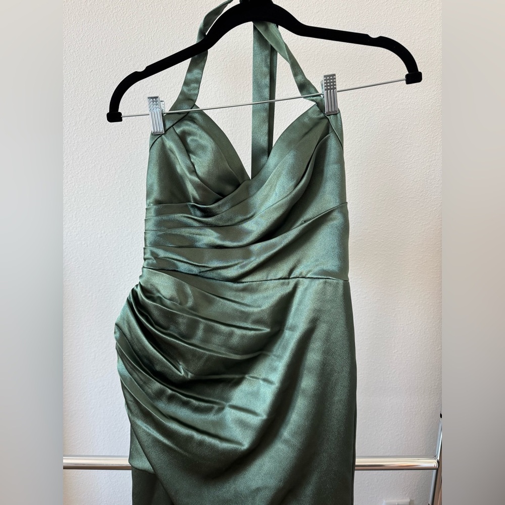 Azazie Satin Backless Dress in Sage